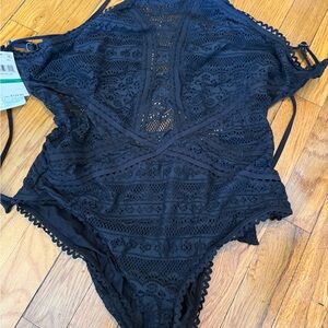 BECCA Black One Piece Swimsuit with Plunging Neckline size Large